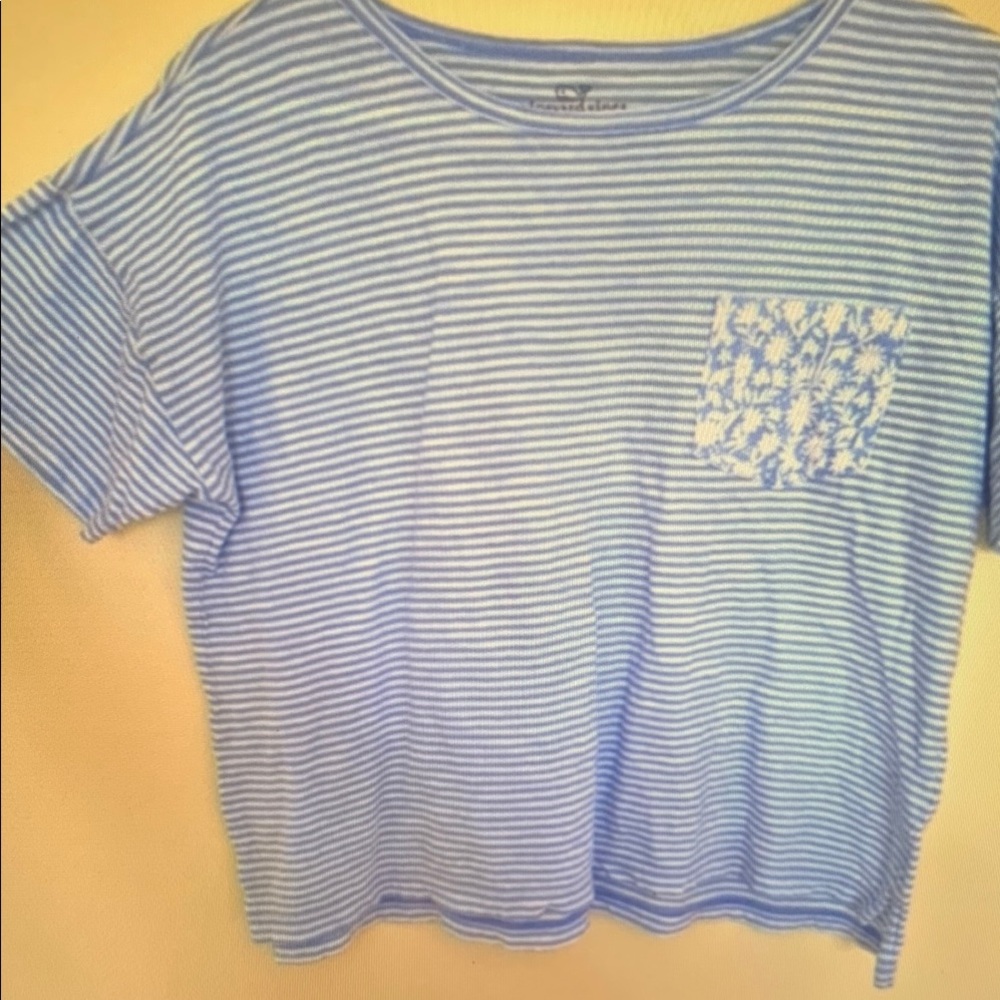 Blue Striped T-Shirt with Floral Pocket